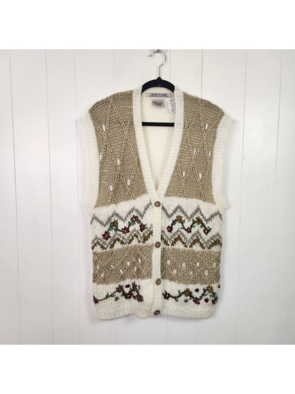 Vintage 90s Huntington Ridge Hand Knit Cardigan Sweater Vest Womens Size Large